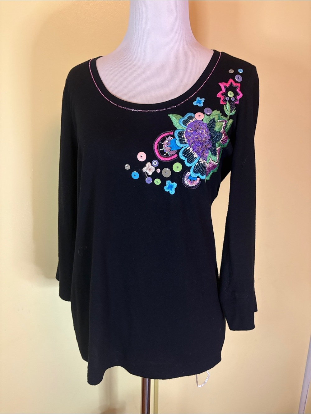 Escada Sport 3/4 -Sleeve Scoop Neck Top with Multicolor Floral Embroidery